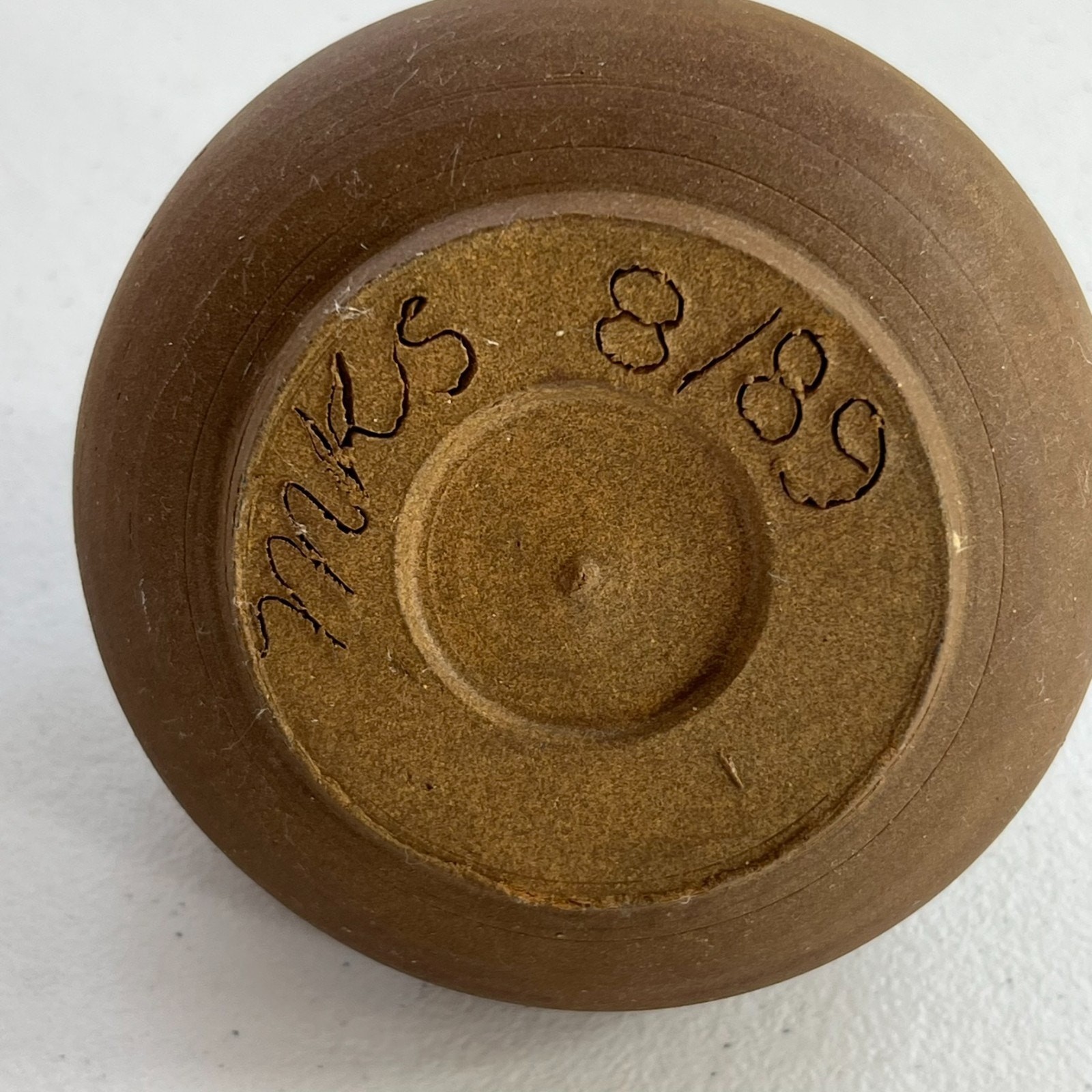 Handmade Vase Clay Brown Round Flat 1989 Signed MKS Vintage