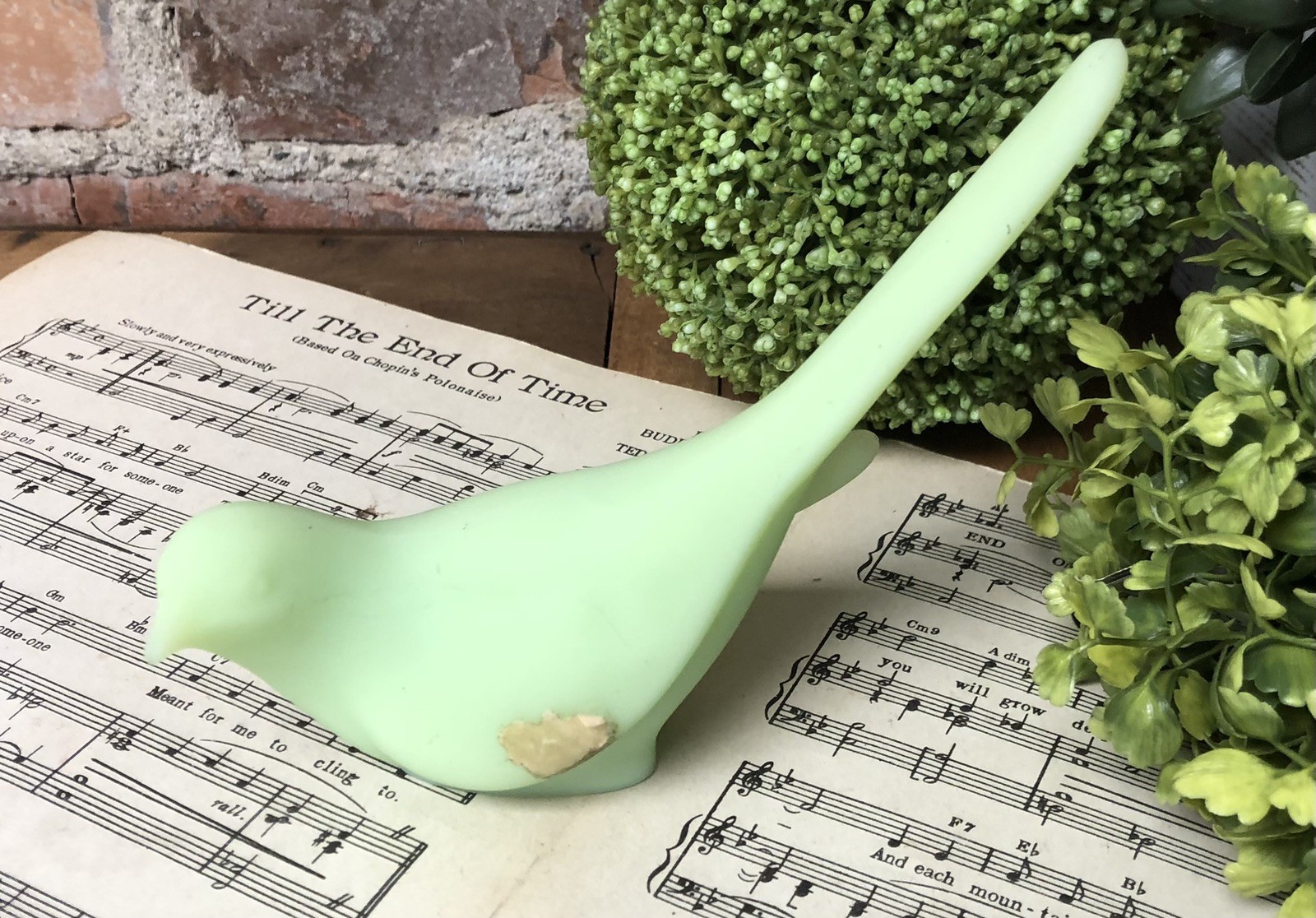 Vintage Fenton Glass Bird Of Happiness Green Uranium Satin Custard Glows