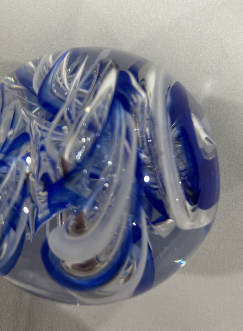 Glass Paperweight- Blue-White-Clear Swirls-Langham England Glass House