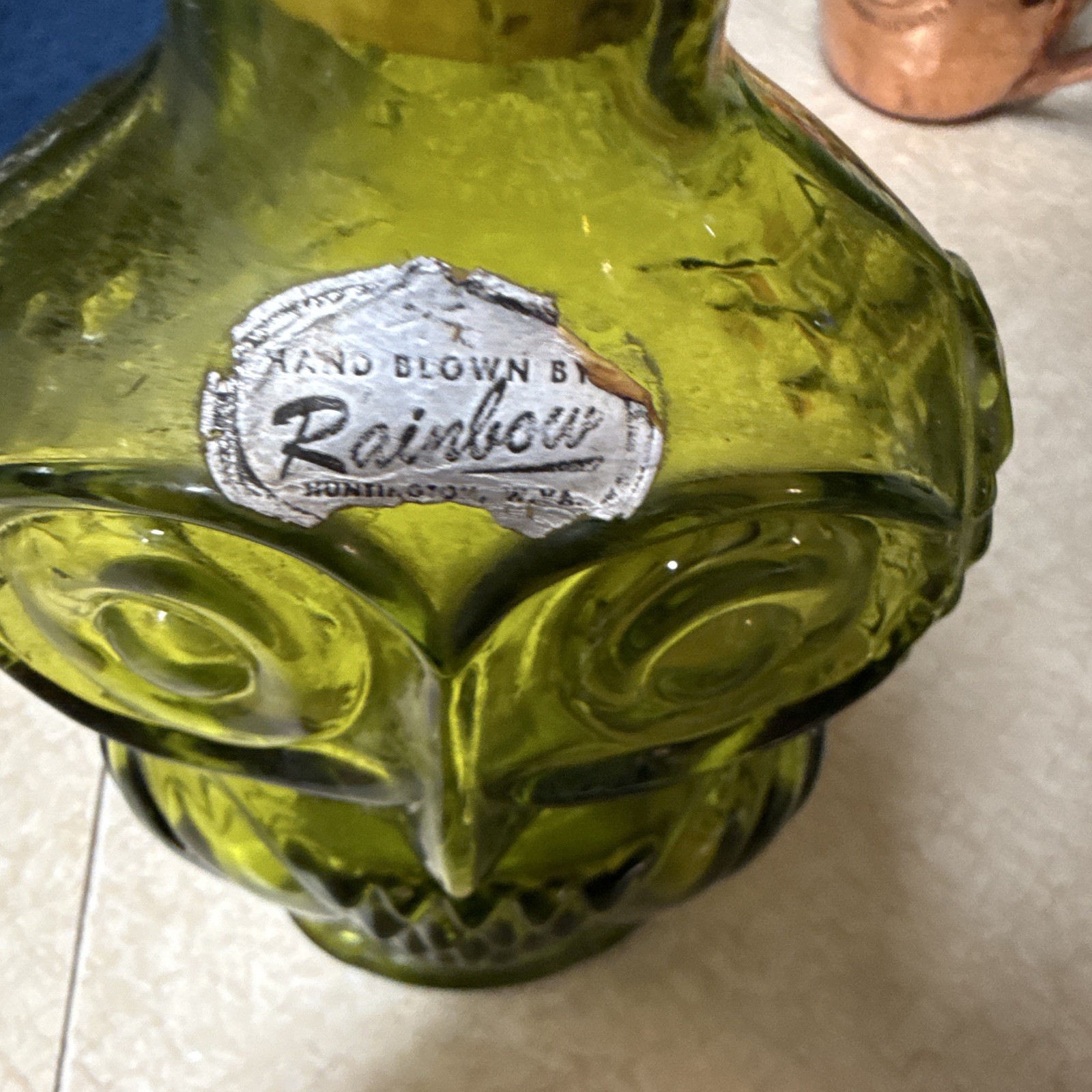 VTG Viking Green Owl Bottle Decanter Handblown MCM Figural Art Glass