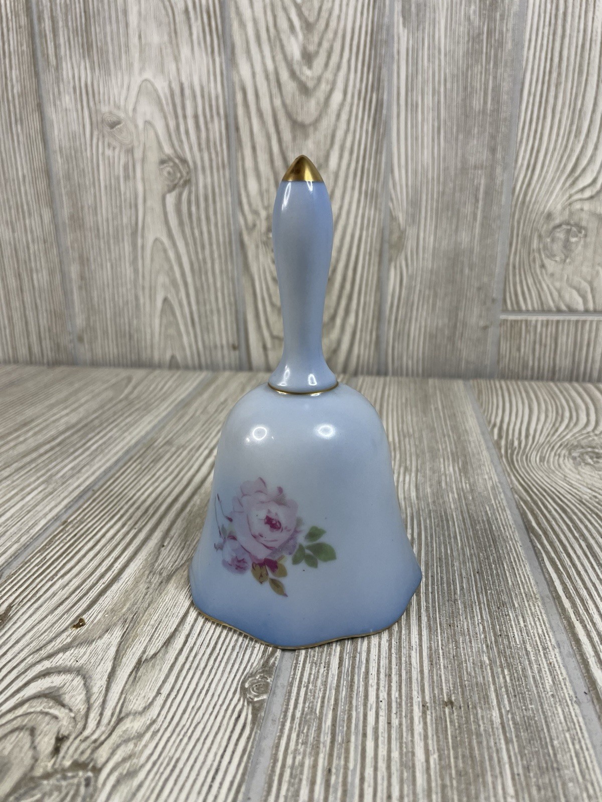 Hand Painted Nippon Japan Table Bell Blue Matte Rose Floral VTG 5.5in