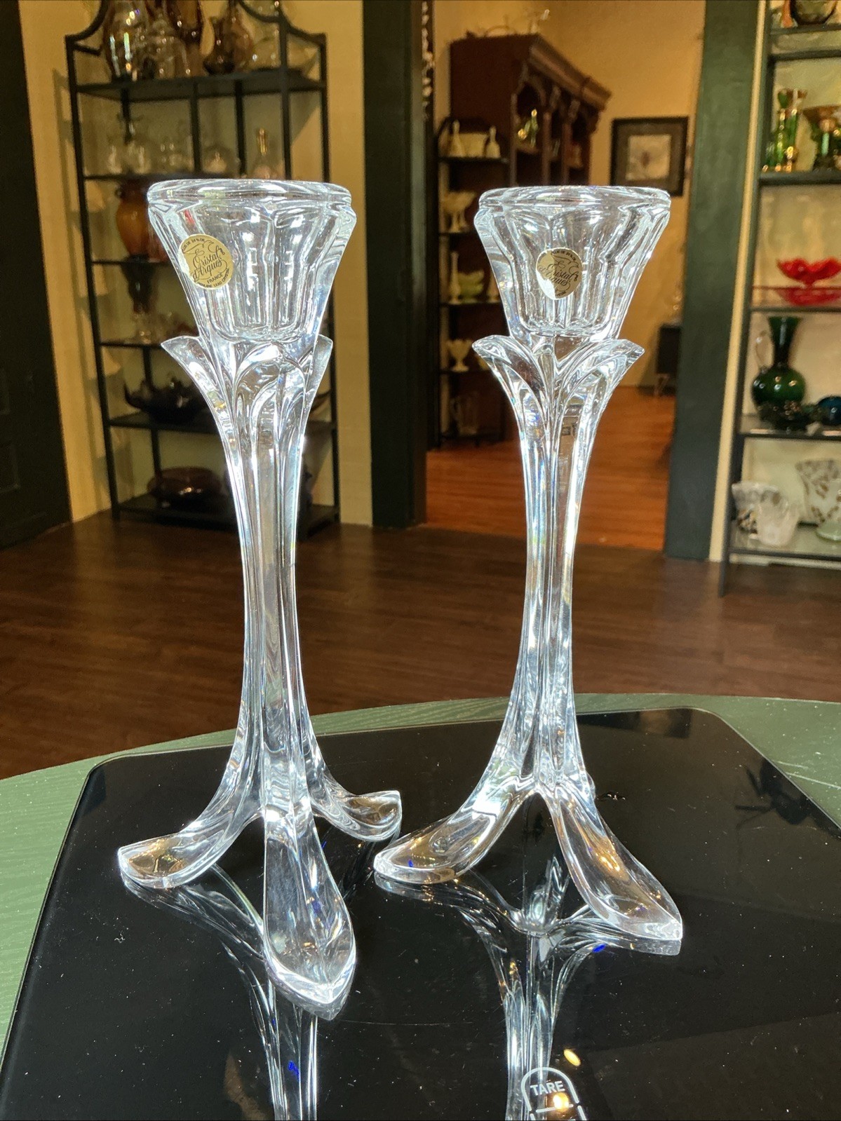 Pair Of Bandol Cristal D’Arques Durand Lead Crystal 8.5” Flower Candlesticks