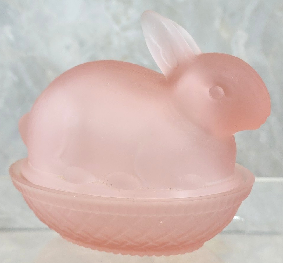 Vintage Pink Satin Frosted Glass Bunny Rabbit On Nest Covered Candy Trinket Dish