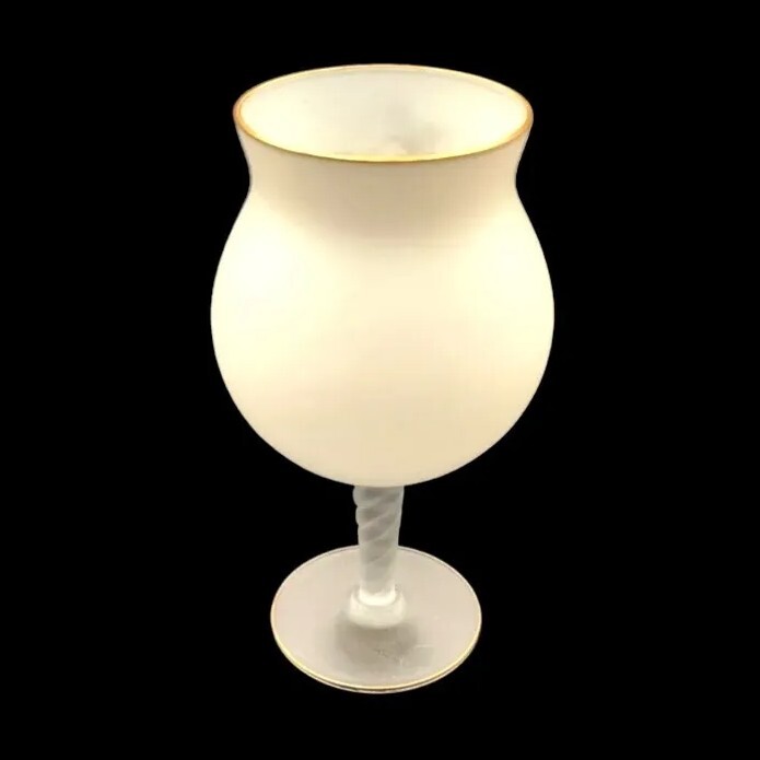 Hand Painted Candle Holder White Satin Glass Gold Trim Stemmed By Norleans Italy