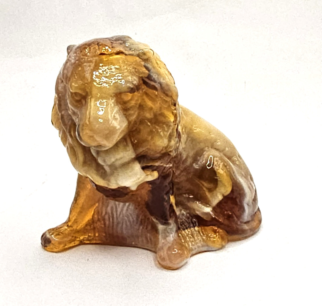 VINTAGE MOSSER GLASS LION SWIRL SLAG GLASS AMBER CARAMEL FIGURINE PAPERWEIGHT