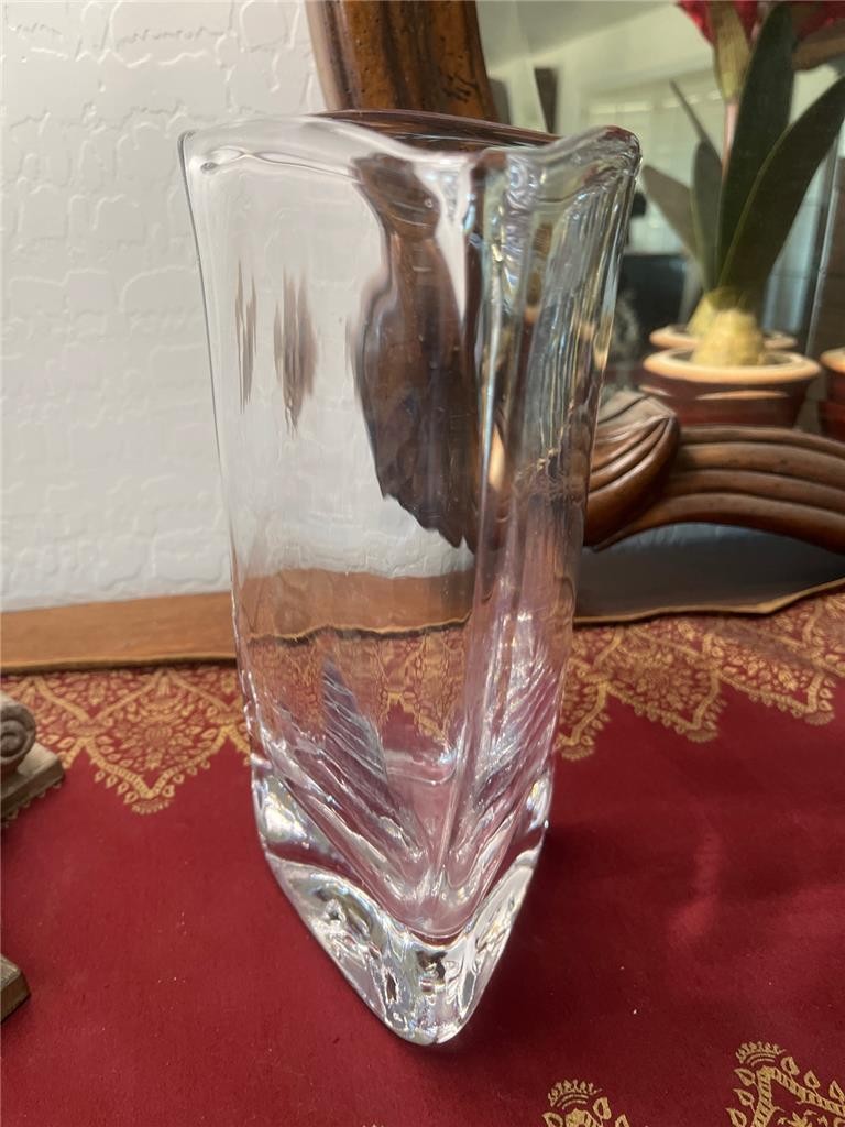 SIMON PEARCE Crystal 10″ Clear TRIANGULAR GLASS VASE – NICE!