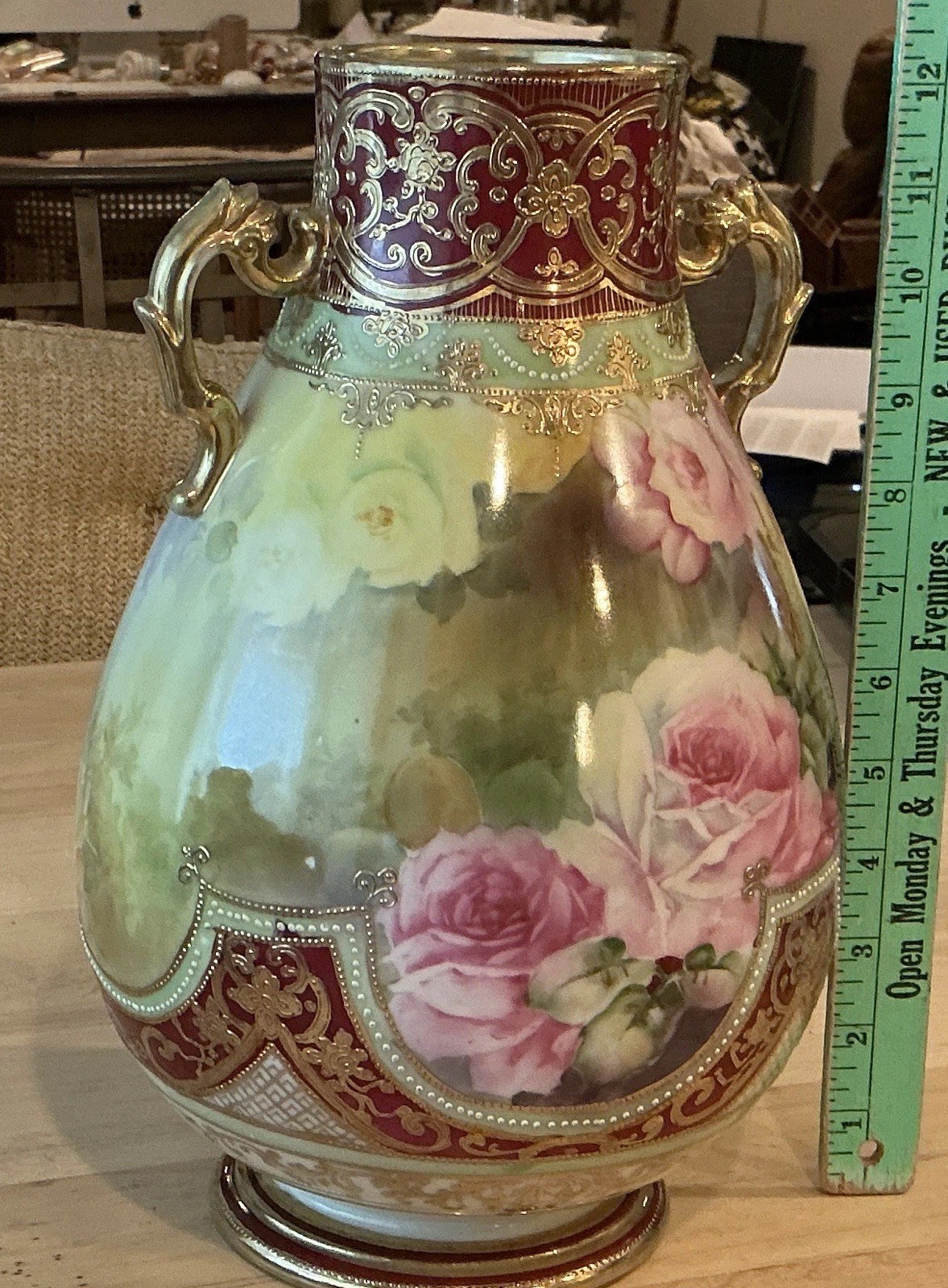 Nippon Hand Painted Porcelain Floral Rose Vase Gilt Handles 12” 1905