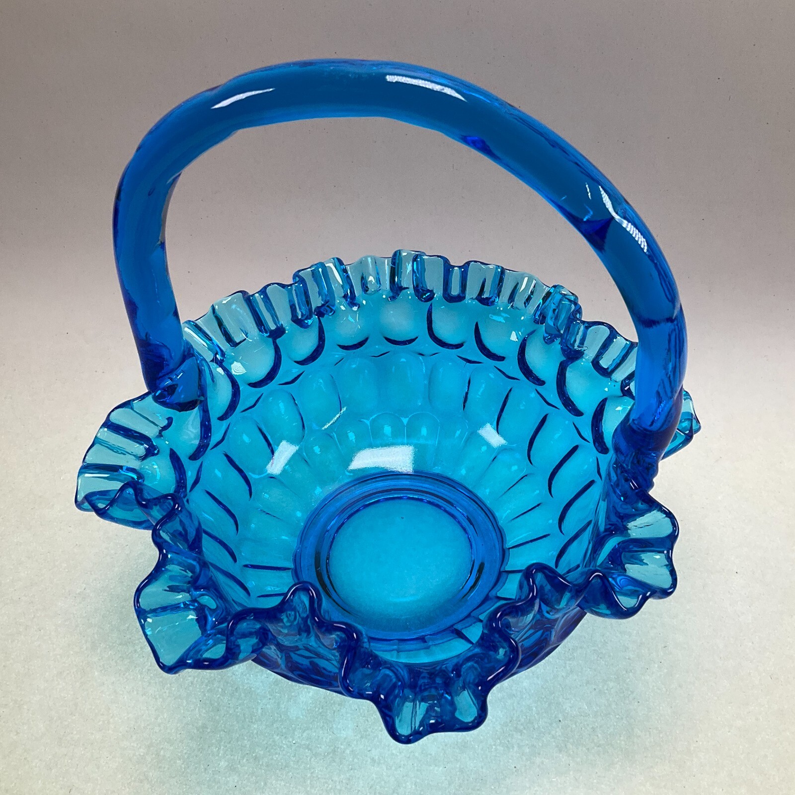 Fenton Colonial Blue Thumbprint Basket Ruffled Rim 8 1/2″ Vintage