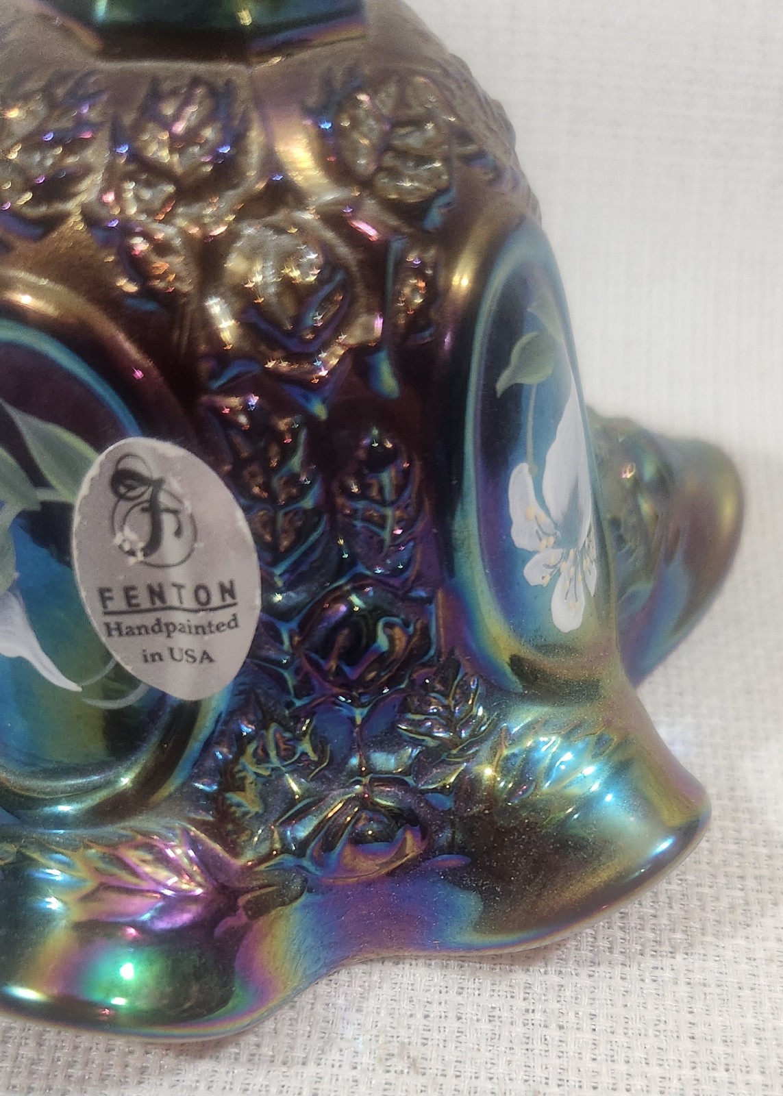 Fenton Violet Carnival Glass Bell with Hand-Painted Panels Signed
