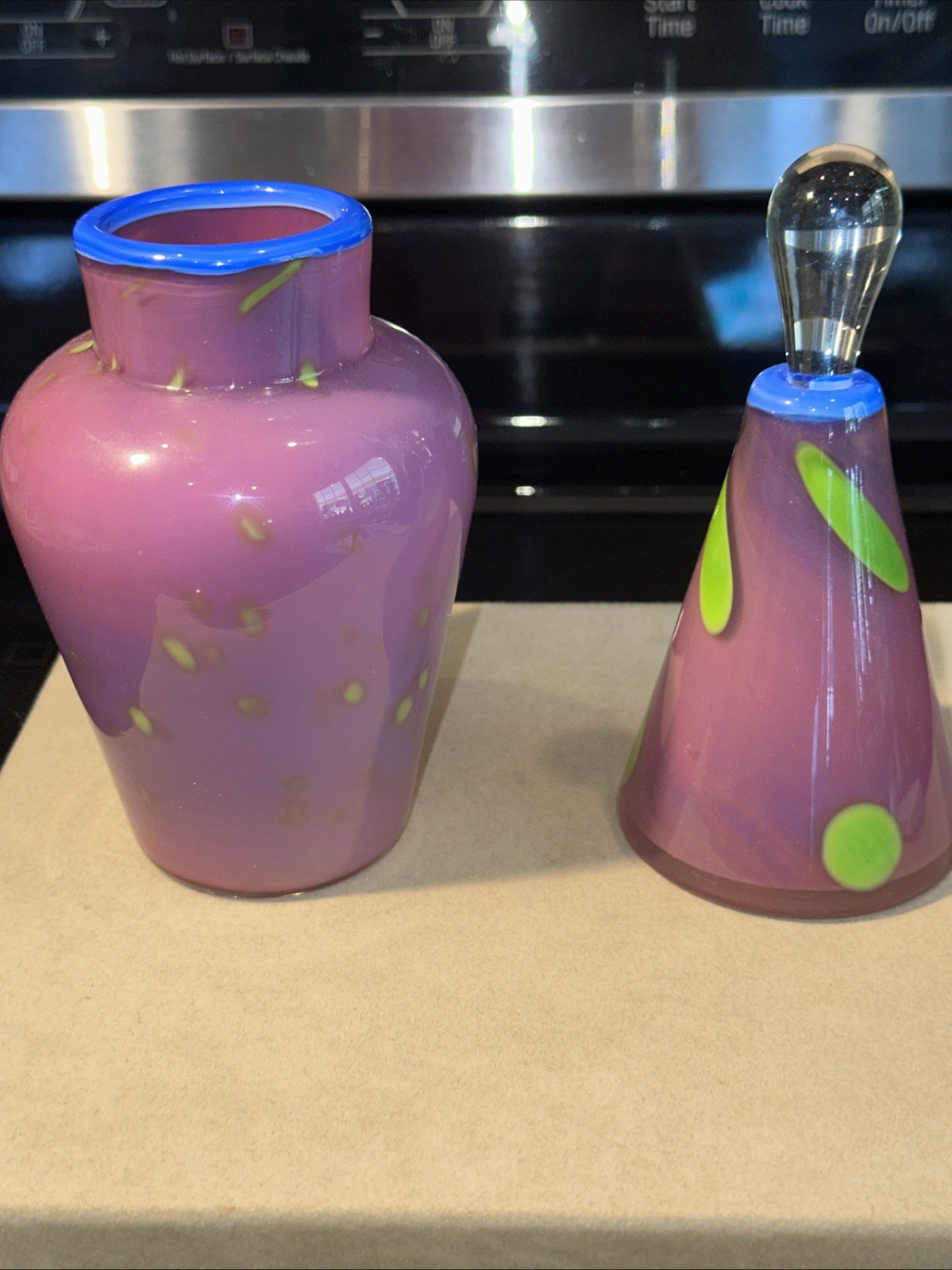 Signed Lavender Art Glass Perfume Bottle & Vase Dresser Set w/Green/Blue Accents