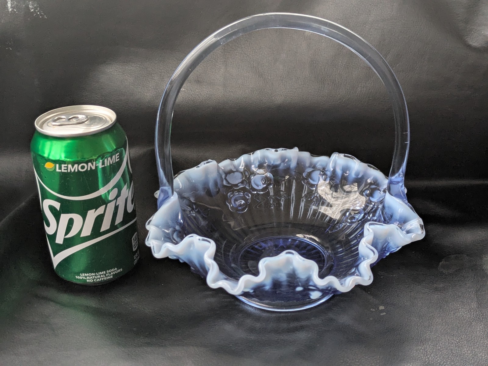 Fenton Glass Bride Basket Raffled Lavender Blue Opalescent Cabbage Rose 7.5 Inch