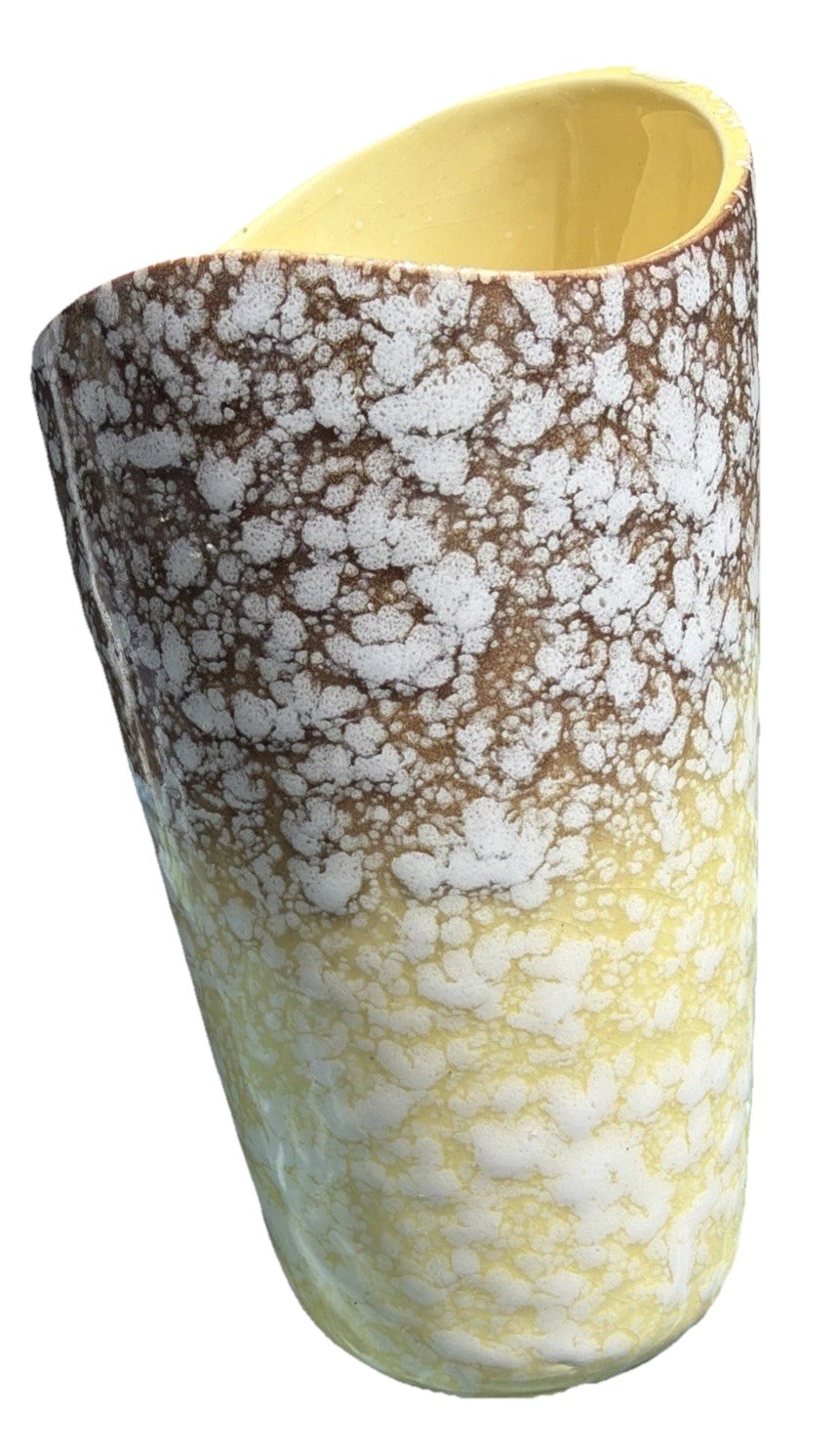 VTG MCM Yellow Brown Speckled Asymmetrical Vase USA Hombre White Splatter