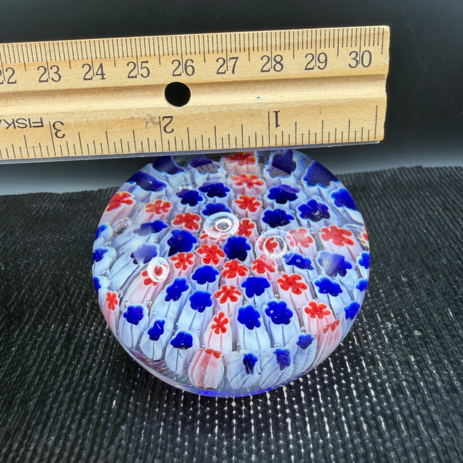 Vintage Millefiori Art Glass Paperweight Red White Blue Floral Canes Venetian