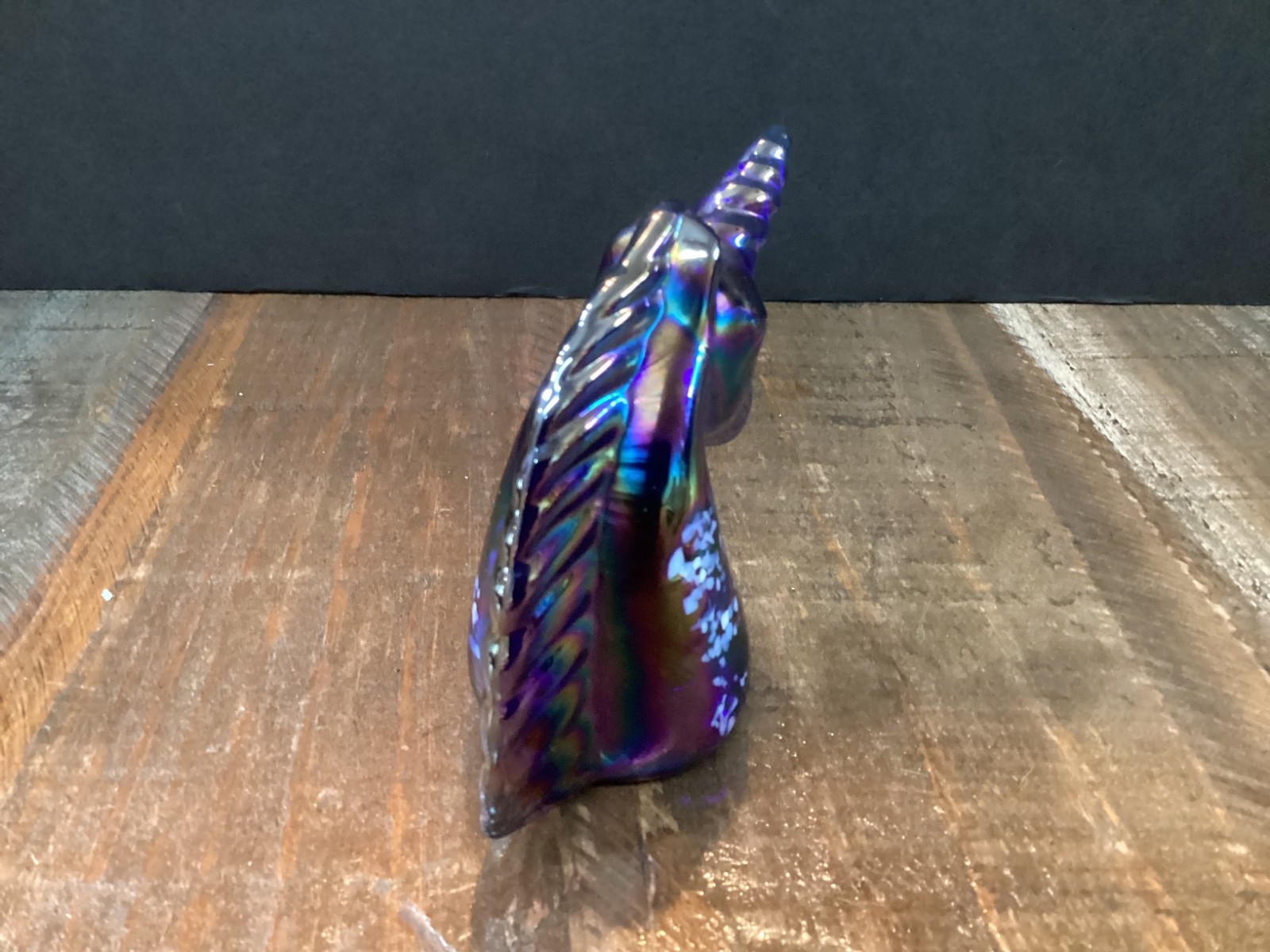 Vintage unicorn Paperweight Iridescent Cobalt blue Carnival glass