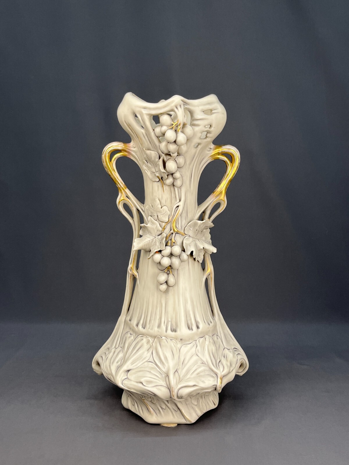 Royal Dux Art Nouveau Porcelain 20 1/2″ Vase with Grapes & Leaves