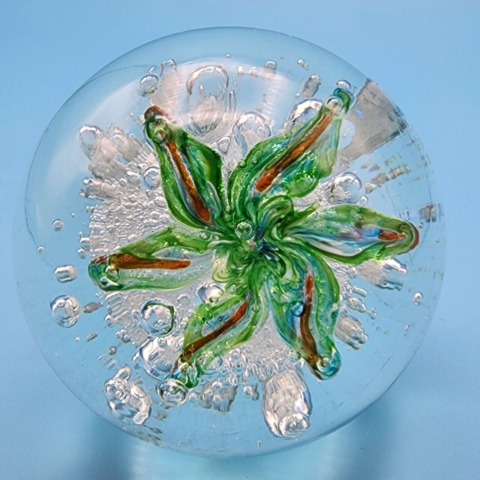 Art Glass Clear Controlled Bubble Green Floral Paperweight Sphere Vintage 2.5 in