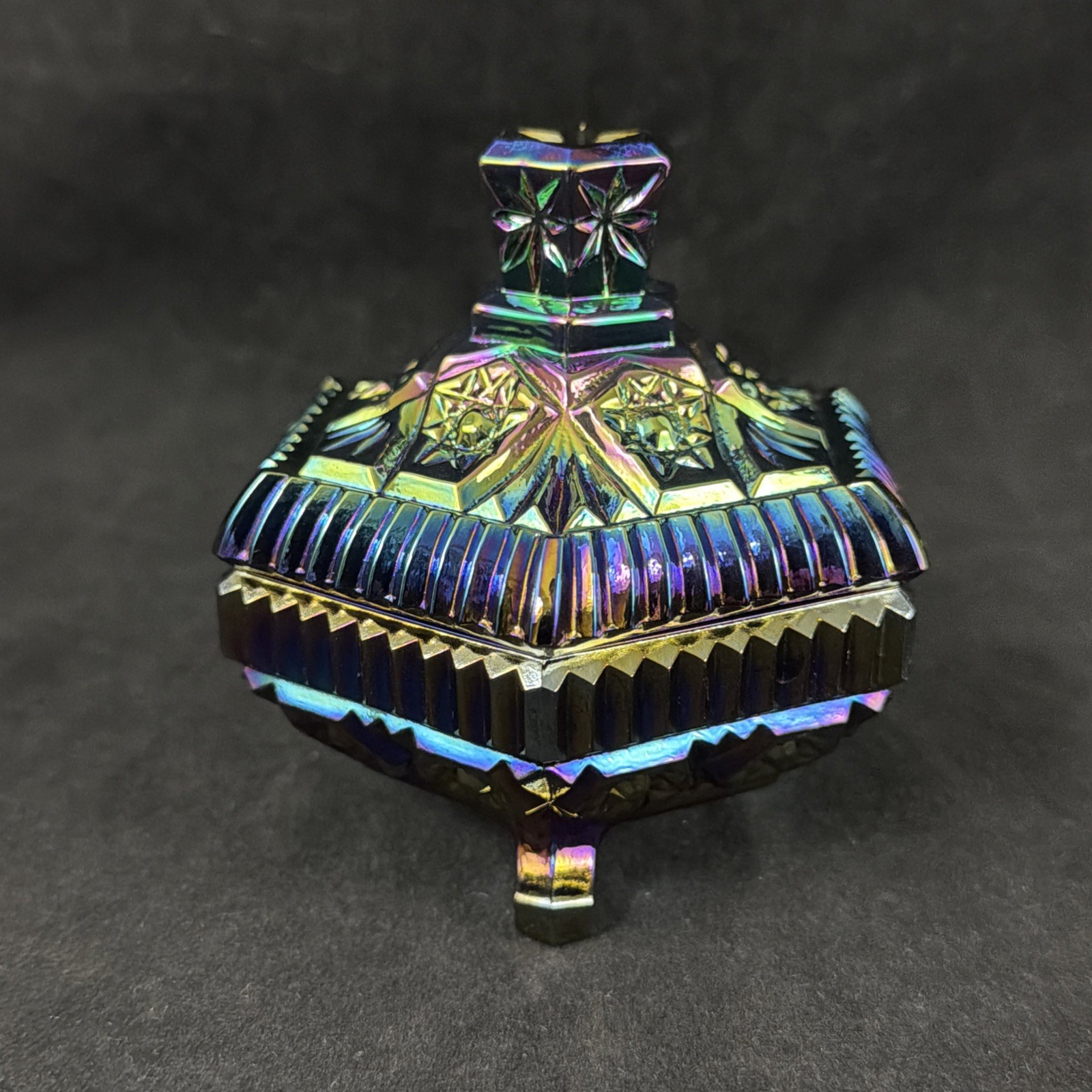 Imperial Lace #536 Amethyst Carnival Glass Footed Lidded Trinket Box Dish