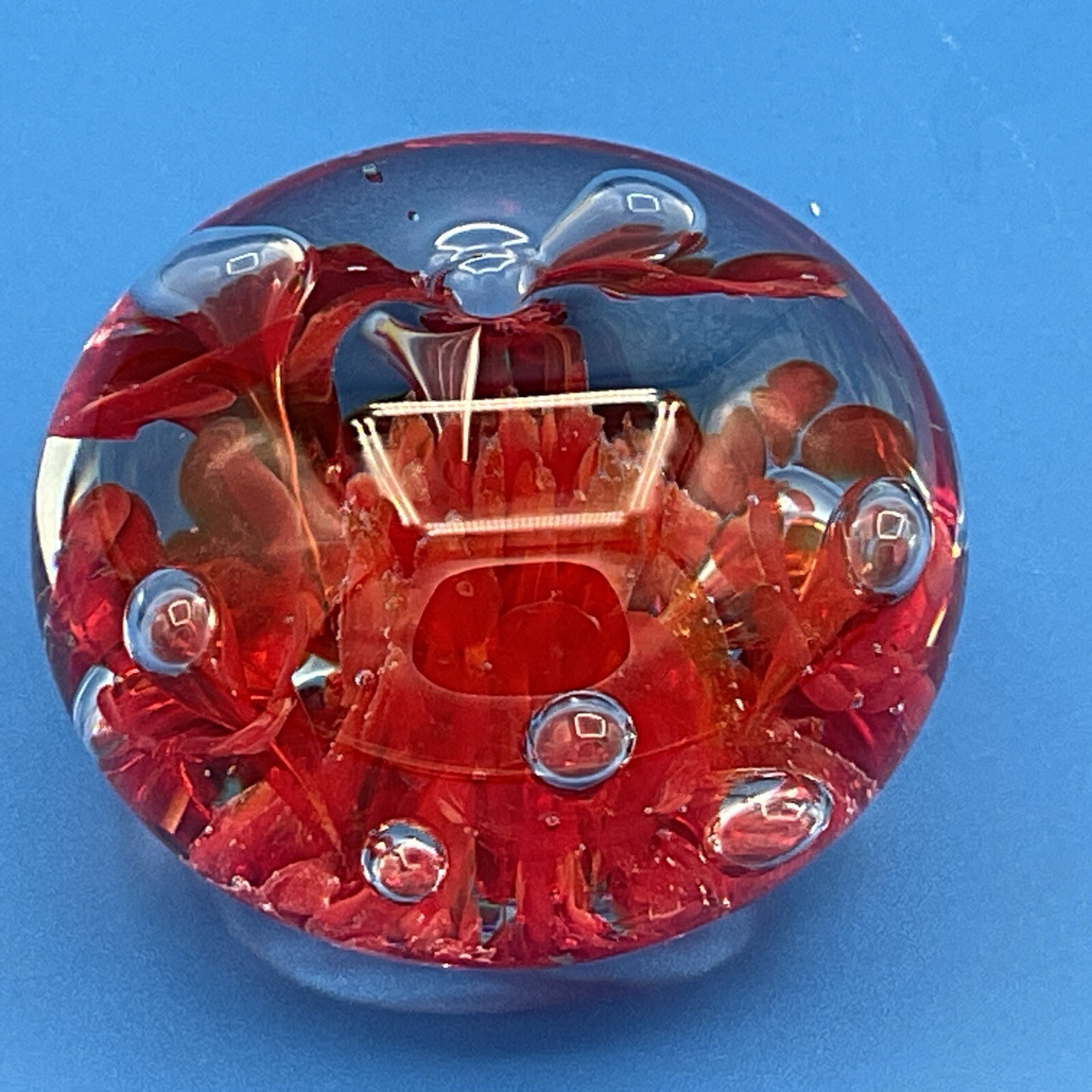 Vintage Joe St Clair Studio Art Paperweight-Controlled Bubble- Red Flowers