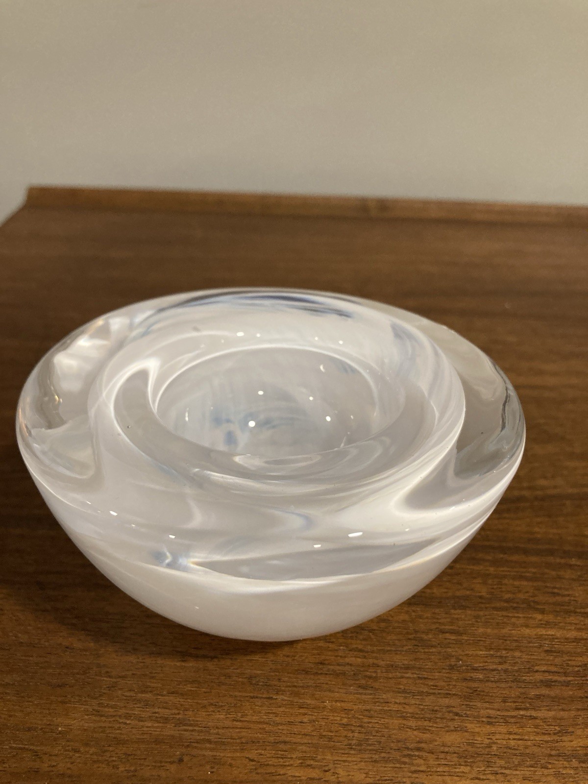 Kosta Boda Candle Atoll Votive Holder Crystal Art Glass White Clear Swirl 4.5″