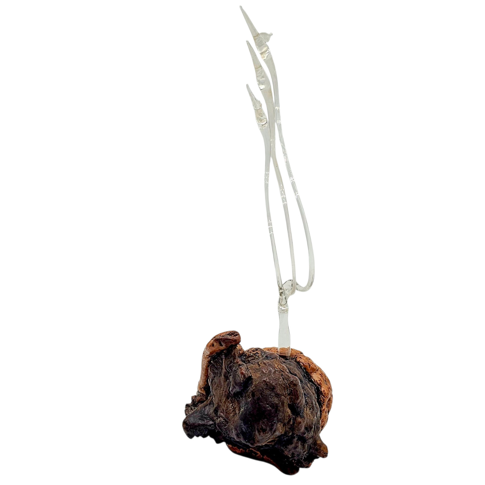 1970’s Minimalist Lamp Work Cranes Bird Sculpture on Burl Wood Base 14.25”