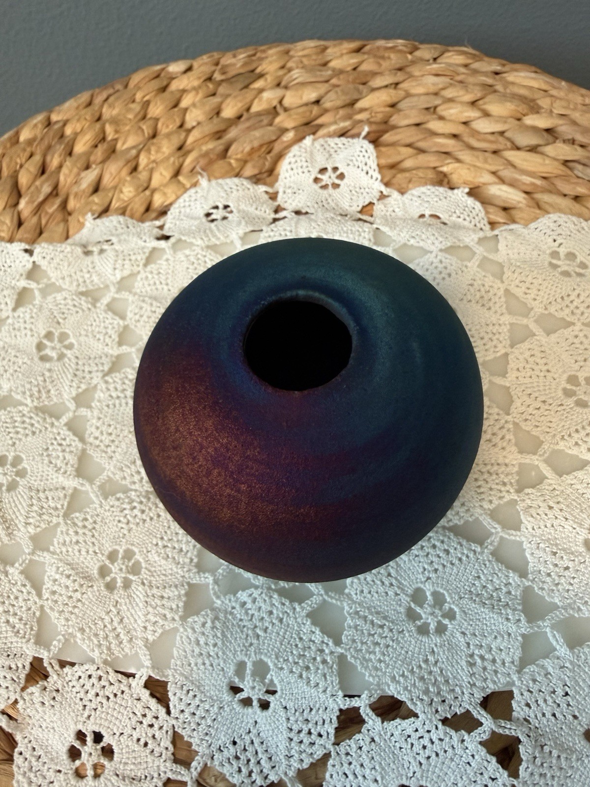 Jeremy Diller Signed Raku Pottery Vase Blue Purple Iridescent Studio Art