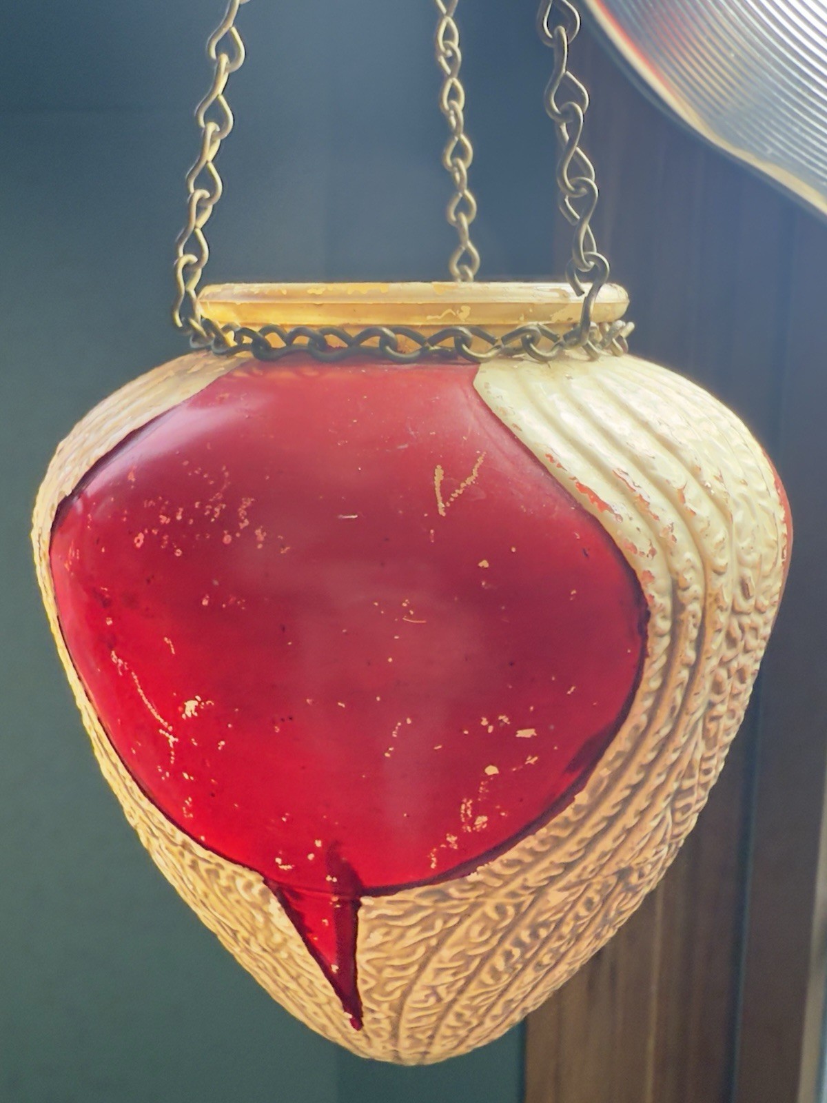 ANTIQUE ART DECO HANGING GLASS RED & WHITE VASE OR PLANTER *COSMETIC FLAWS