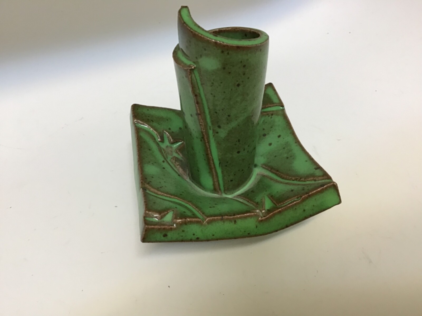 VTG MISSION/ARTS & CRAFTS DESIGN GREEN ART POTTERY CANDLESTICK ARTIST SIGNED
