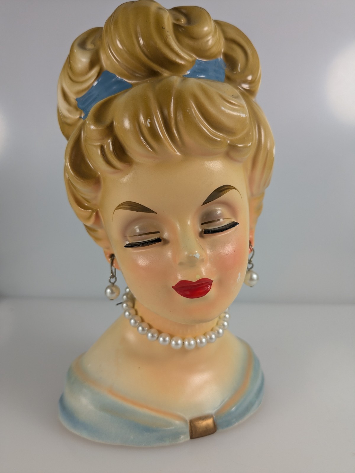Vintage Lady Head Vase Glossy Cold Pink Cheek Blue Dress & Hair Original Jewelry