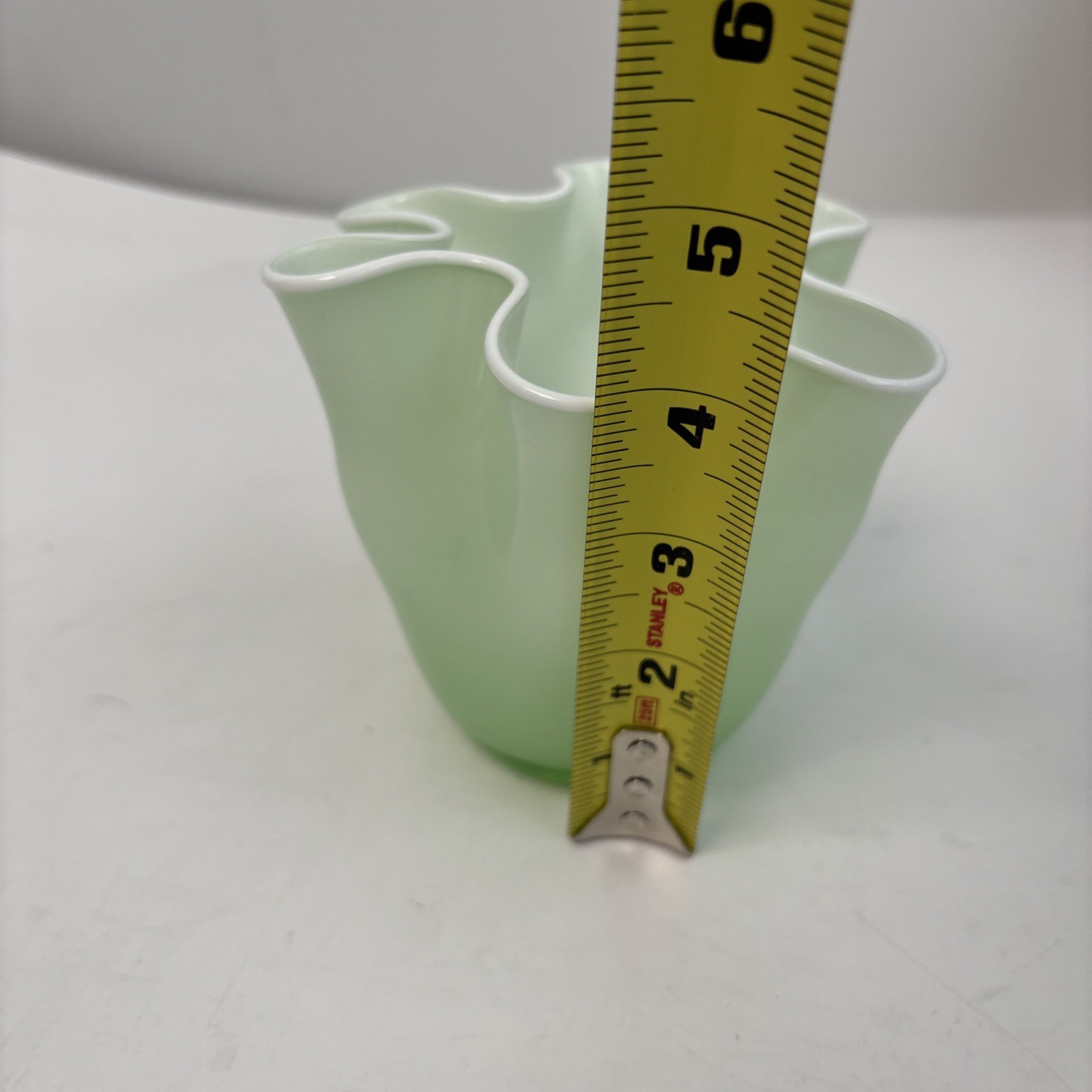 Art Glass Hand Blown Mint Green And White Handkerchief Vase Vtg Czech Style
