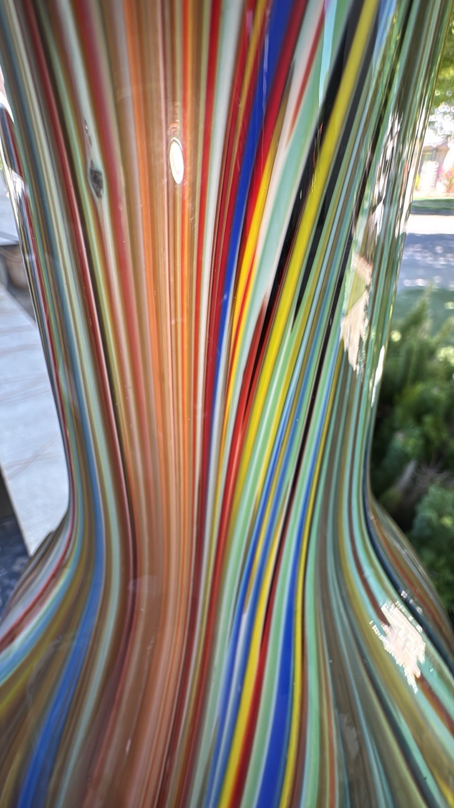 Multi-Colored Swirl Glass Vase Colorful Striped Filegrana Technique 13.5” Tall