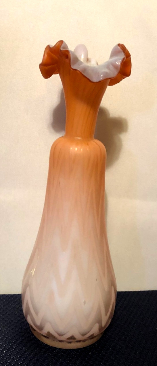 Antique Victorian Peach & White Ruffle Top Herringbone Air Trap Satin Glass Vase