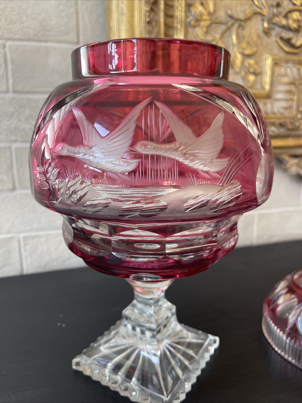 Bohemian Cranberry Crystal Czech candy box covered in Red double tail glass