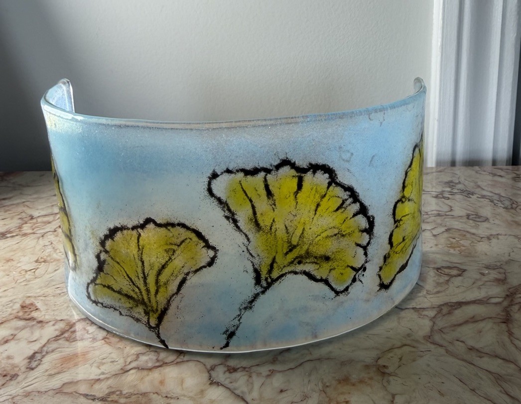 Linda Flynn Ginko Leaves Curved Panel Fused Glass 3 1/2 x 10