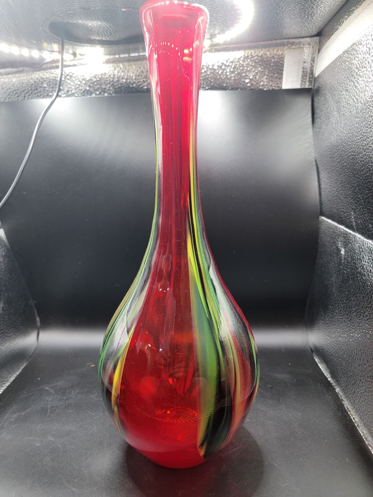 Unbranded Hand Blown Red With Yellow Streaks Art Glass Vase 14 Inches Tall