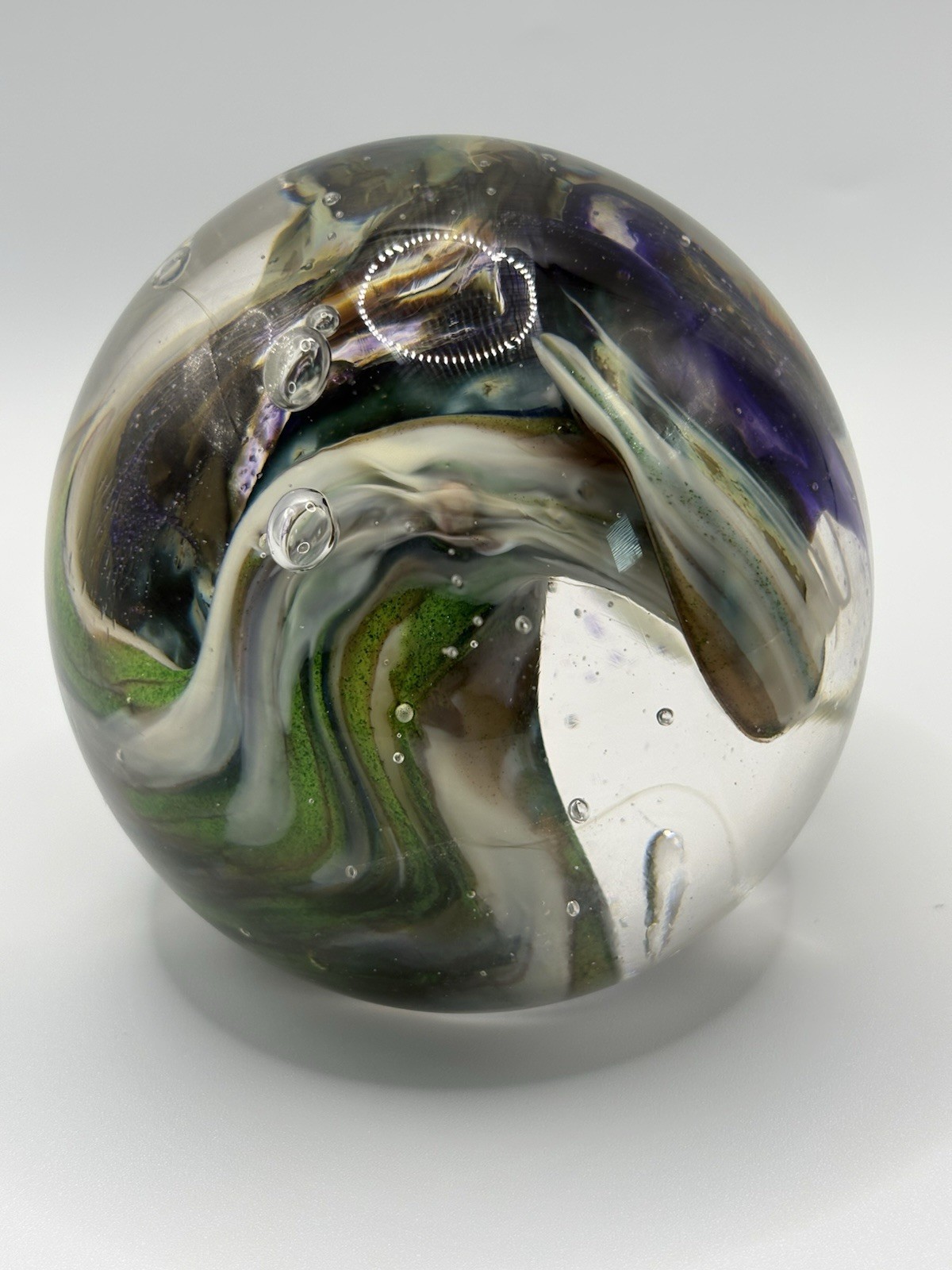 Signed Studio Art Glass Iris Paperweight Floral Sphere Dated 2018 Fireworks