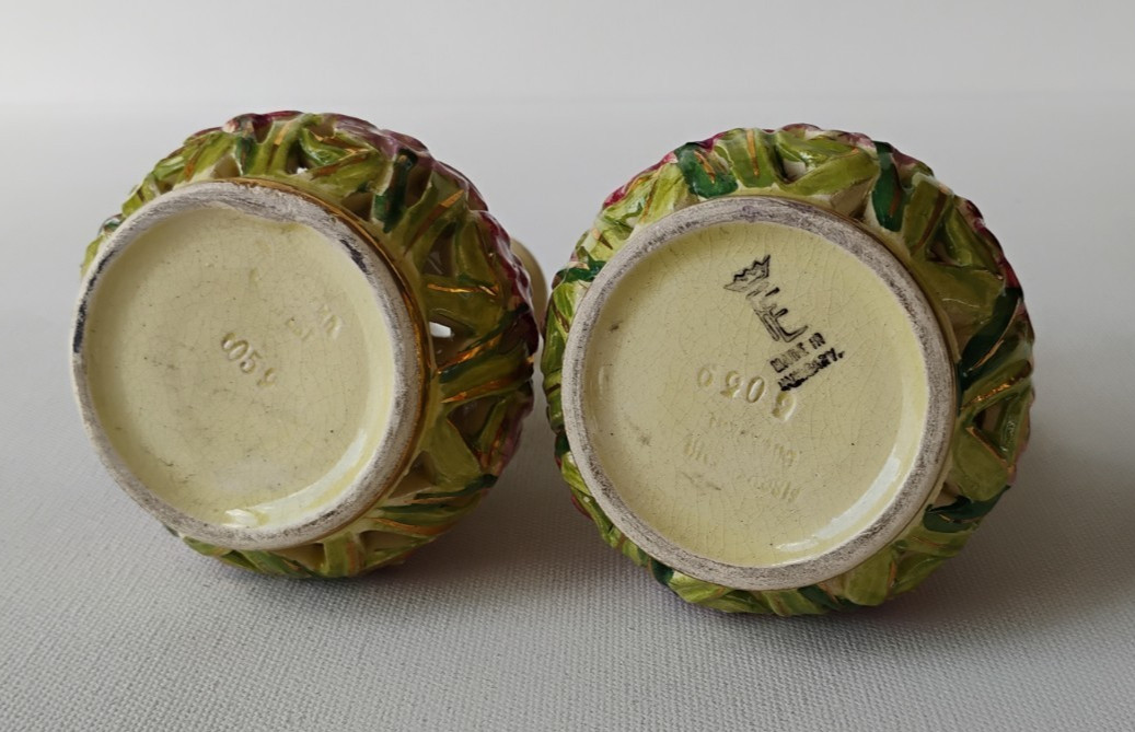 EMIL FISCHER BUDAPEST HUNGARY ANTIQUE PIERCED ART POTTERY VASES PAIR