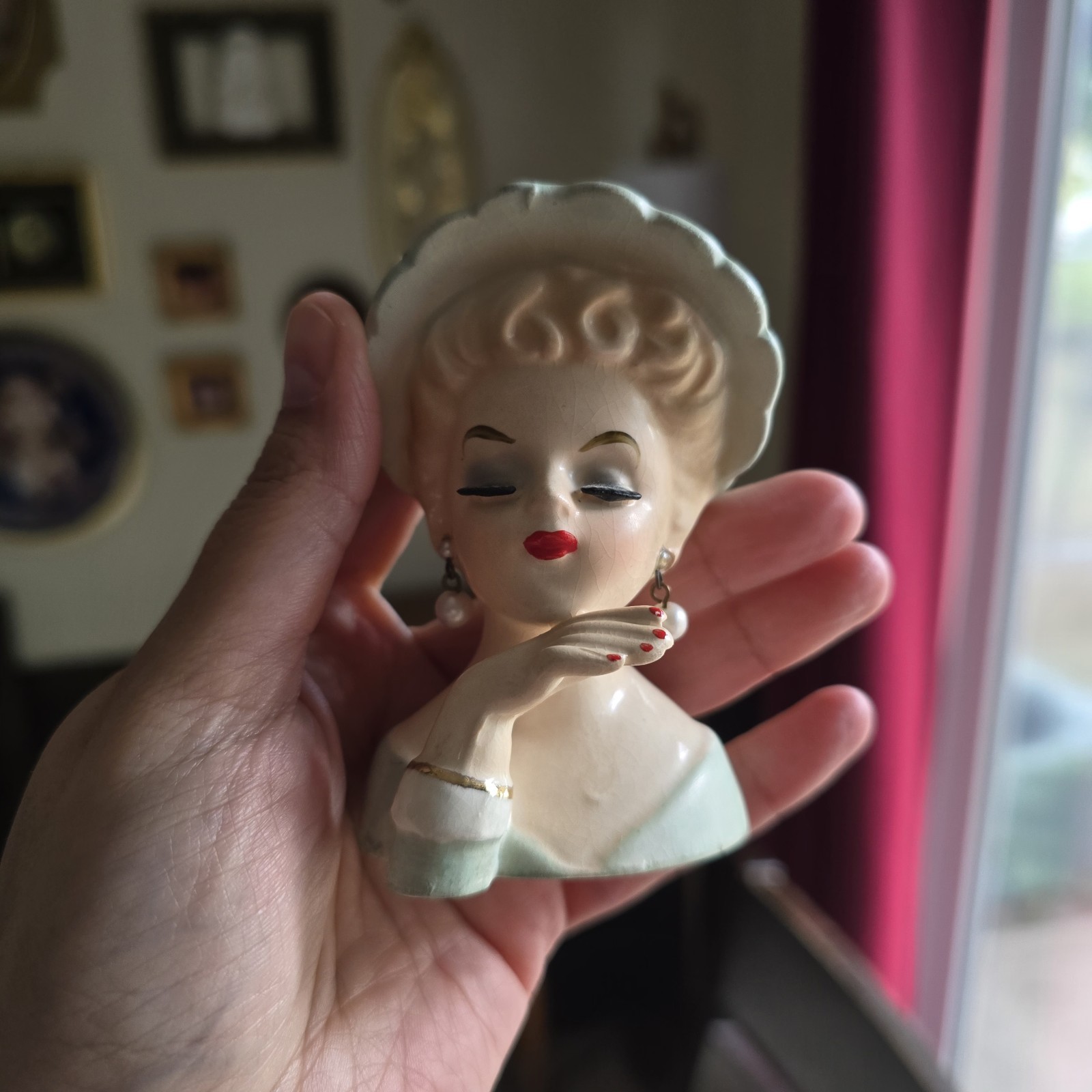 Vintage Lady Head Vase Green PInarco E774 Ohio Japan 60s Foil Blonde