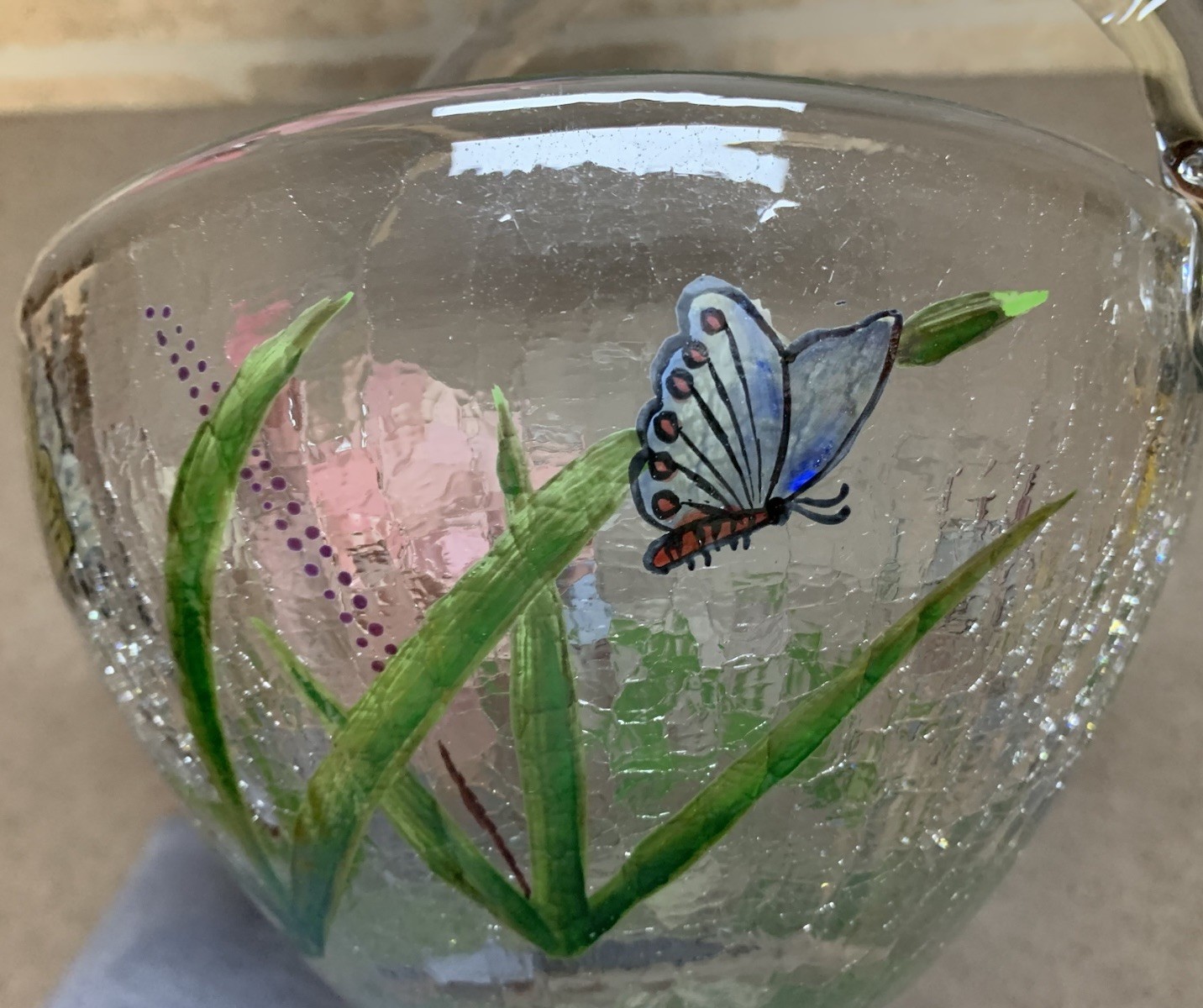 Vintage Fifth Avenue Crystal LTD Romania Crackle Glass Butterfly Basket