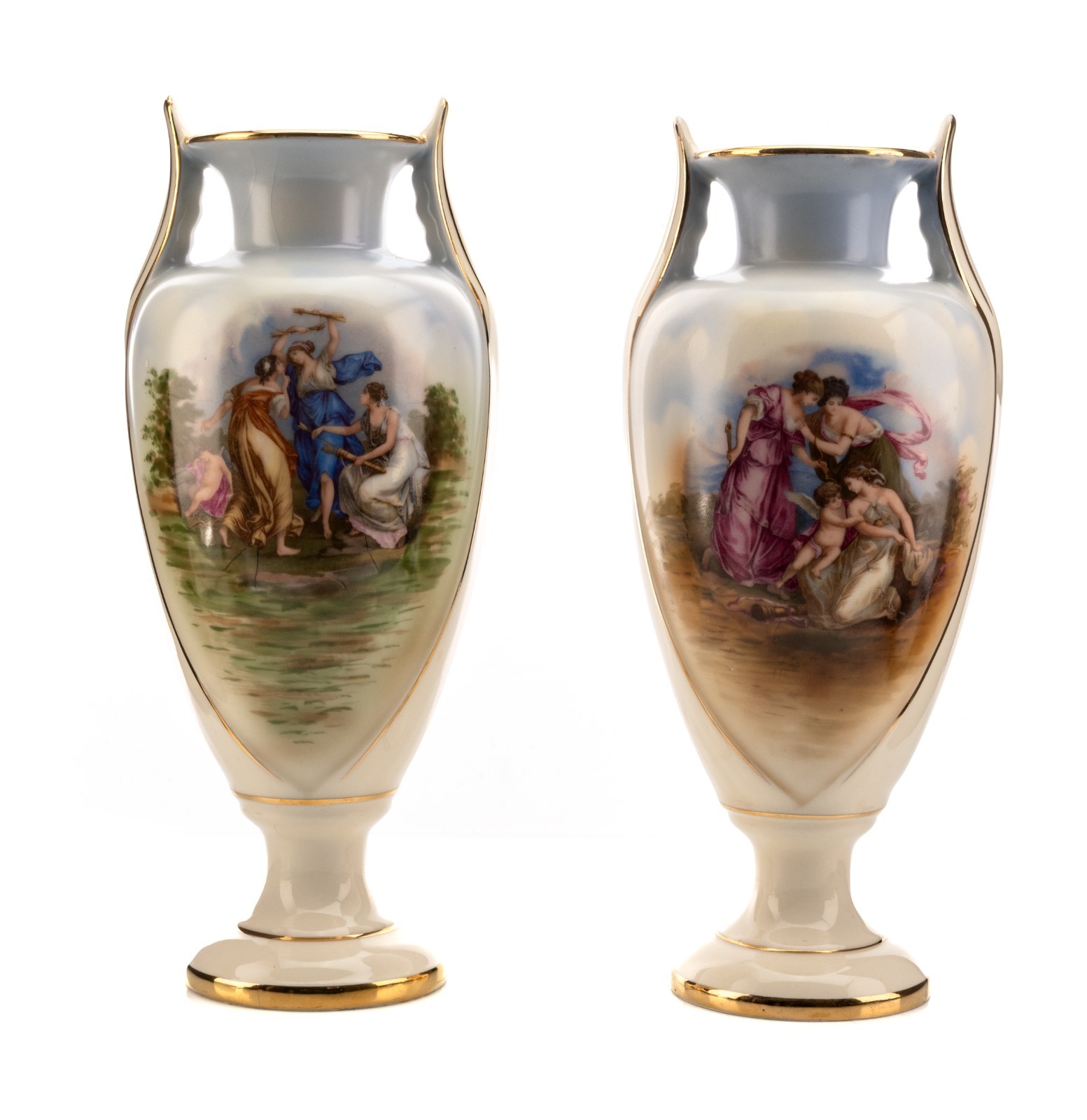 Two Neoclassical Urn Style 12in Vases Erphila Royal Crown Pottery Czechoslovakia