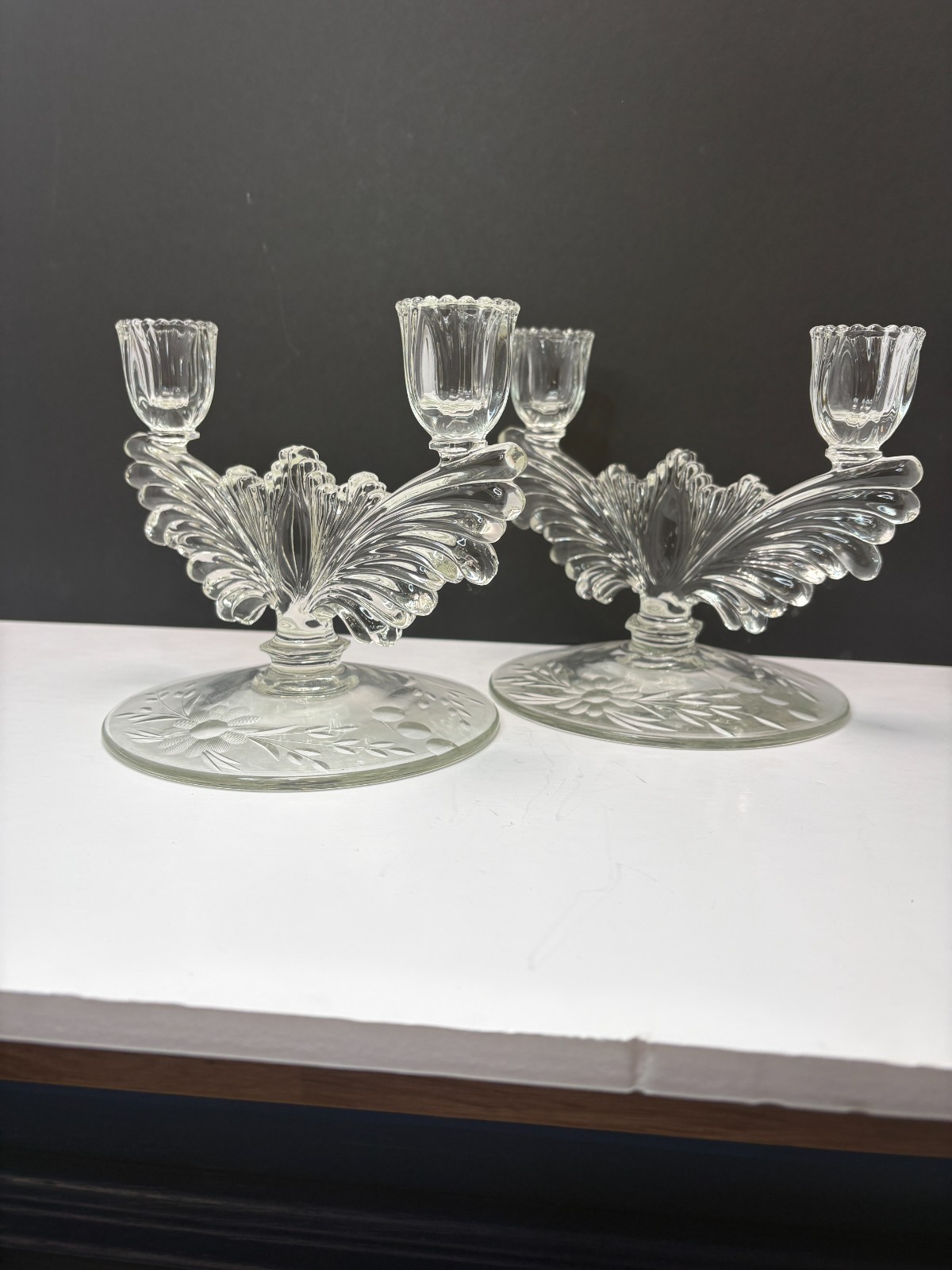 Tiffin Franciscan Feather Wing Double Candlestick Holders