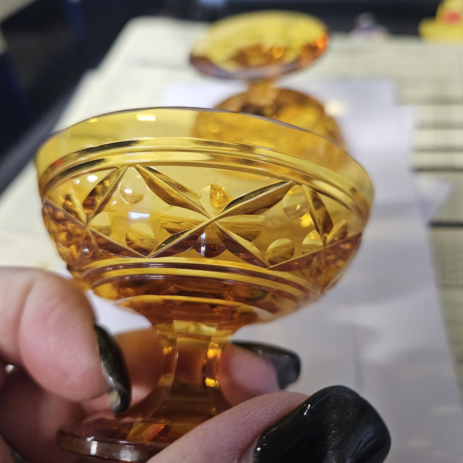 2 Val St Lambert Amber Cut Glass Footed 3″ Finger Bowls Cathedrale Napoleon