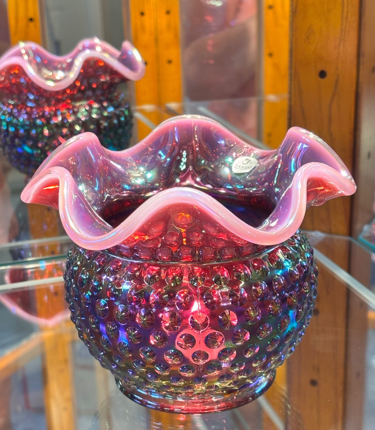 Fenton Plum Opalescent Hobnail Carnival Glass Vase Votive Candle Light