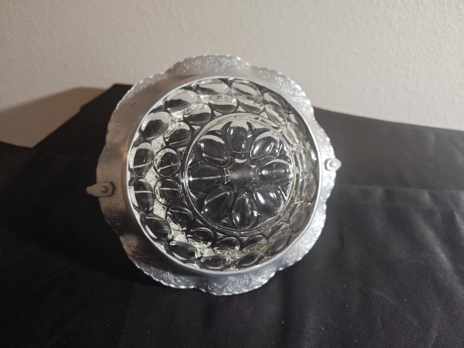 Vintage Decorative Glass And Aluminum Basket with Ornate Handle