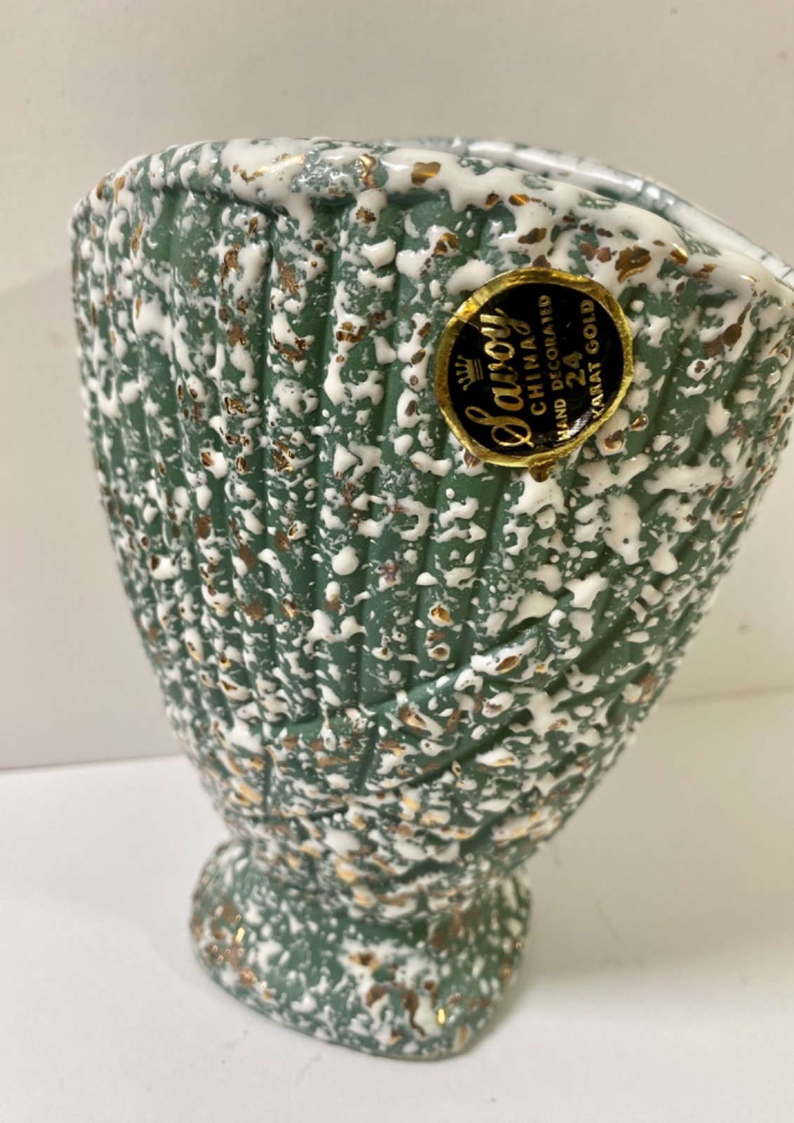 Vtg Savoy Speckle Vase Splatter Art Pottery Green White 24k Gold Planter MCM