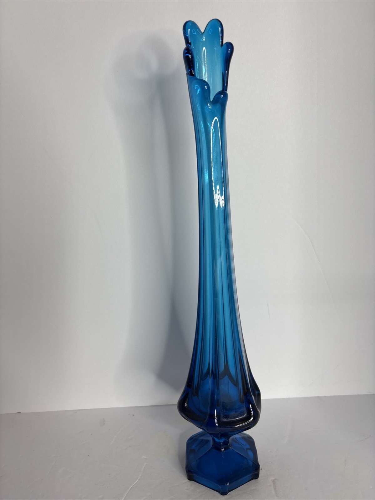 Swung Glass Vase 14” Vintage Art Glass Bluenique Peacock Vase MCM 6 Panel Finger