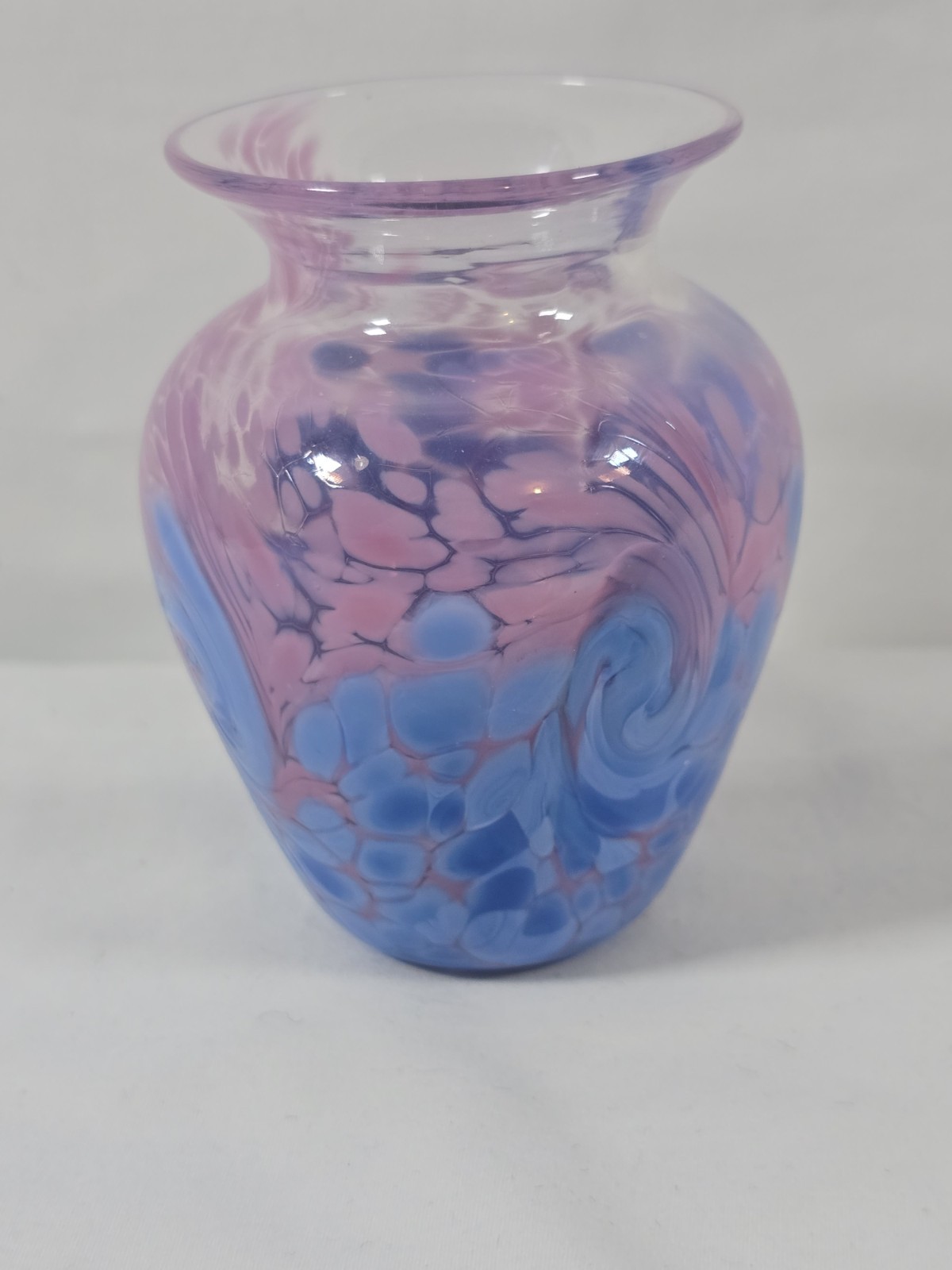 Blue Pink Swirl Studio Art Glass Vase signed by Artist glass Is 4.5″T X 2.5″W