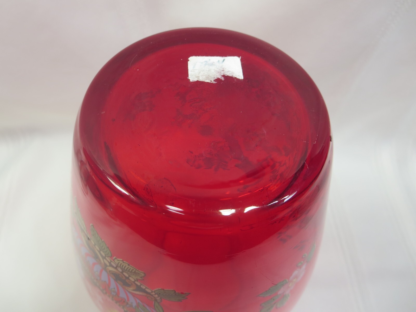 Gorgeous Vintage Norleans Red Ruby Glass 10 Inch Flower Vase Peacock and Flowers