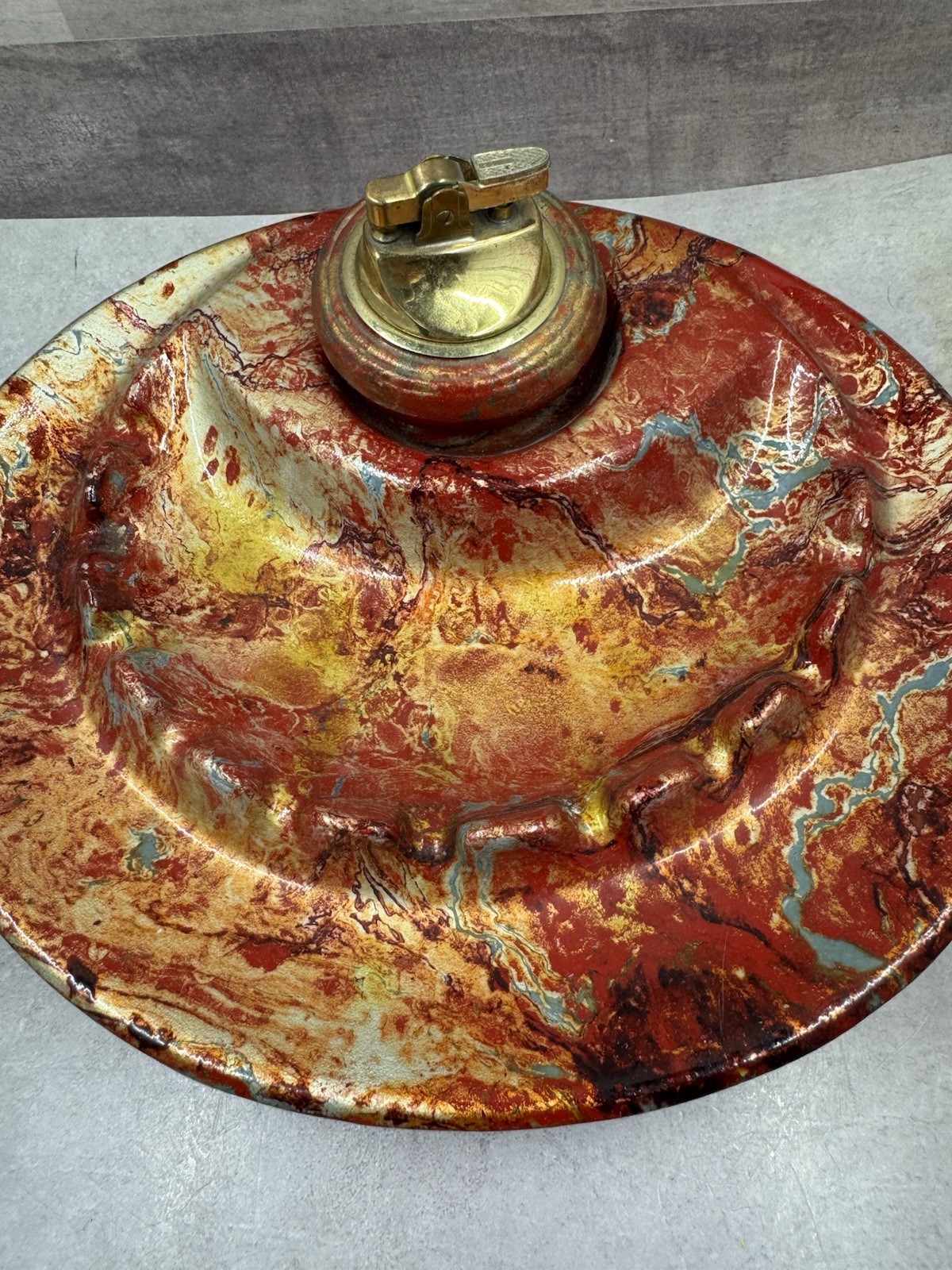 Vintage California USA Original Pottery Ashtray w/ Lighter Red Orange Gold Glaze