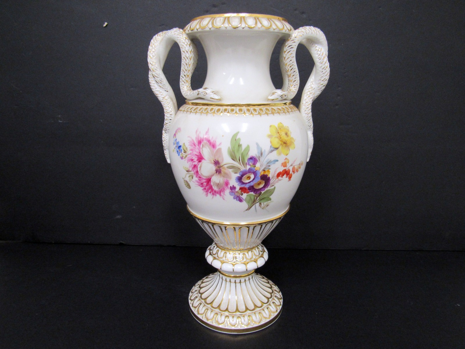 Exquisite Antique Meissen Double Snake Handle Floral Vase