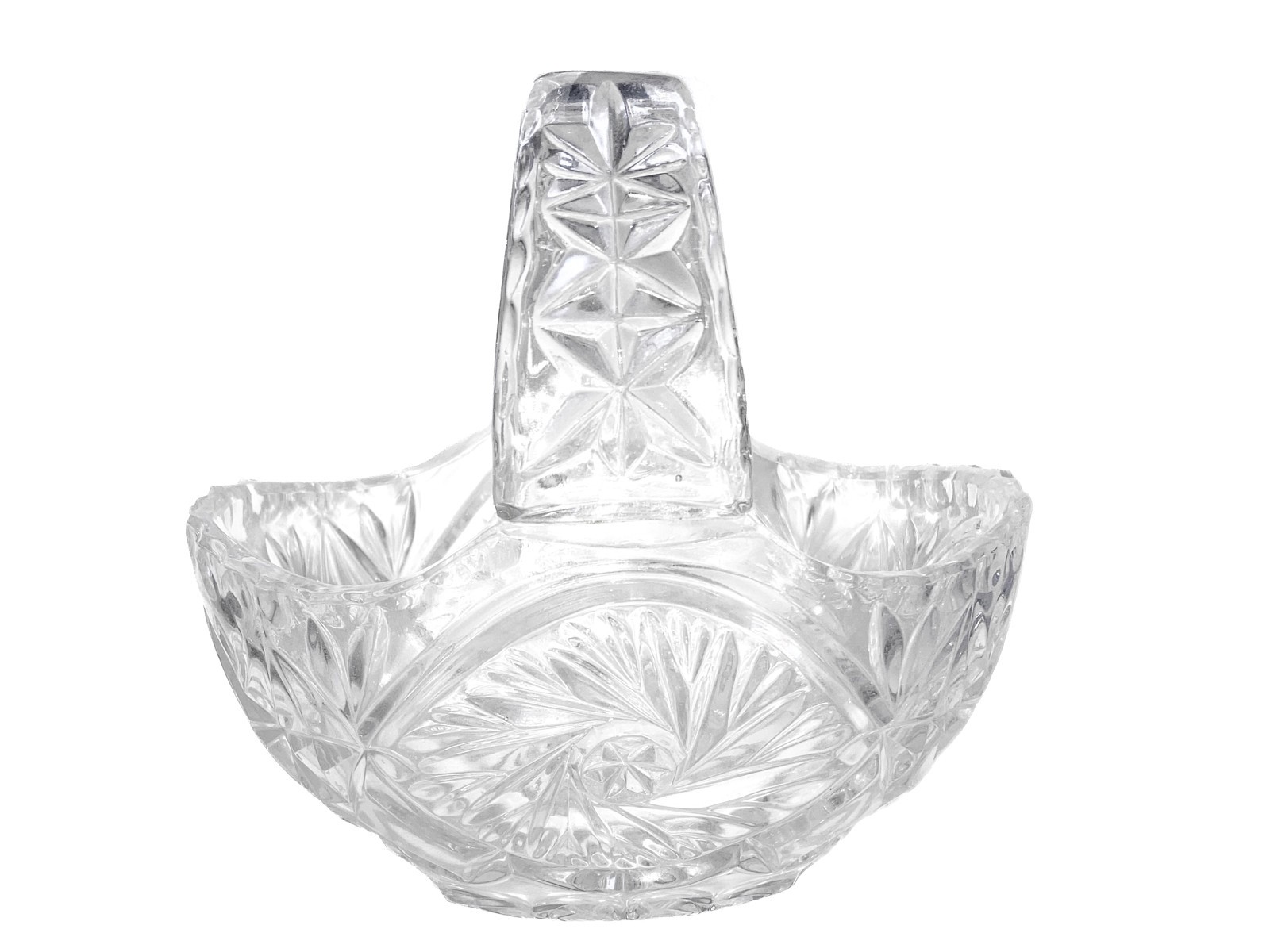 Vintage Clear Glass Starburst Pinwheel Cut~Stars Oval Basket W/Handle 5″ X 5″